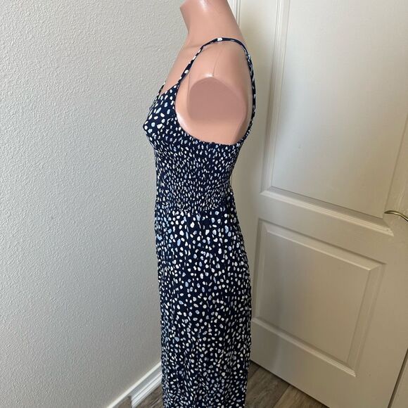 Roxy Elegant Navy and White Polka Dot Midi Dress Sz M - Picture 2 of 4